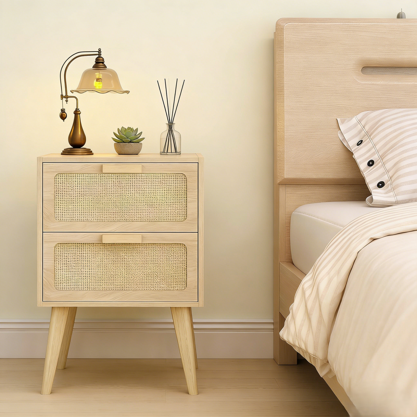 2-Drawer Rattan Accent Nightstand with Mid-Century Wooden Legs