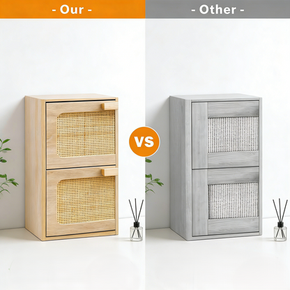 2-Drawer Rattan Accent Nightstand with Mid-Century Wooden Legs