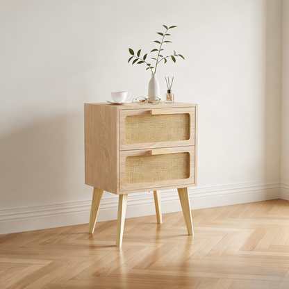 2-Drawer Rattan Accent Nightstand with Mid-Century Wooden Legs