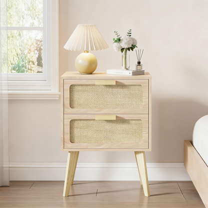 2-Drawer Rattan Accent Nightstand with Mid-Century Wooden Legs