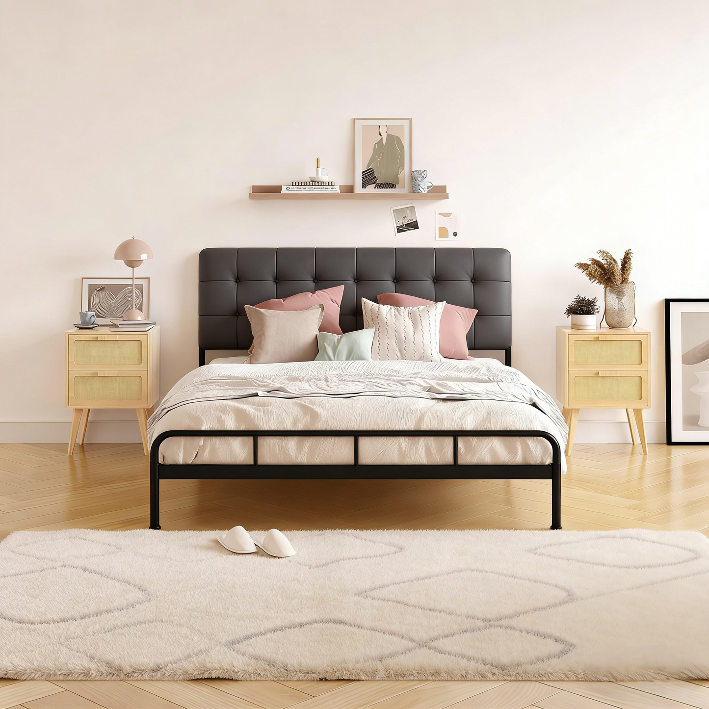 2-Drawer Rattan Accent Nightstand with Mid-Century Wooden Legs