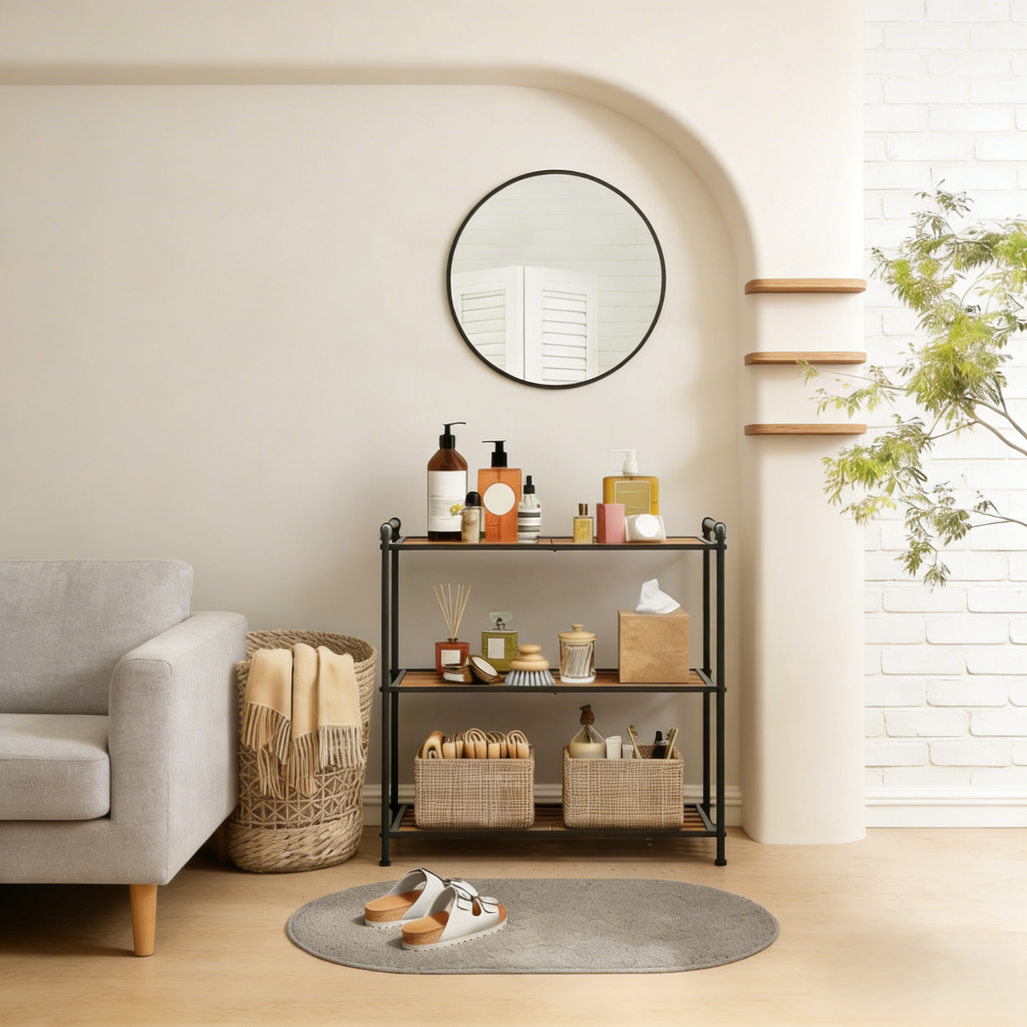 3-Tier Industrial Style Storage Shelf with Bamboo Shelves, Multifunctional Organizer for Home