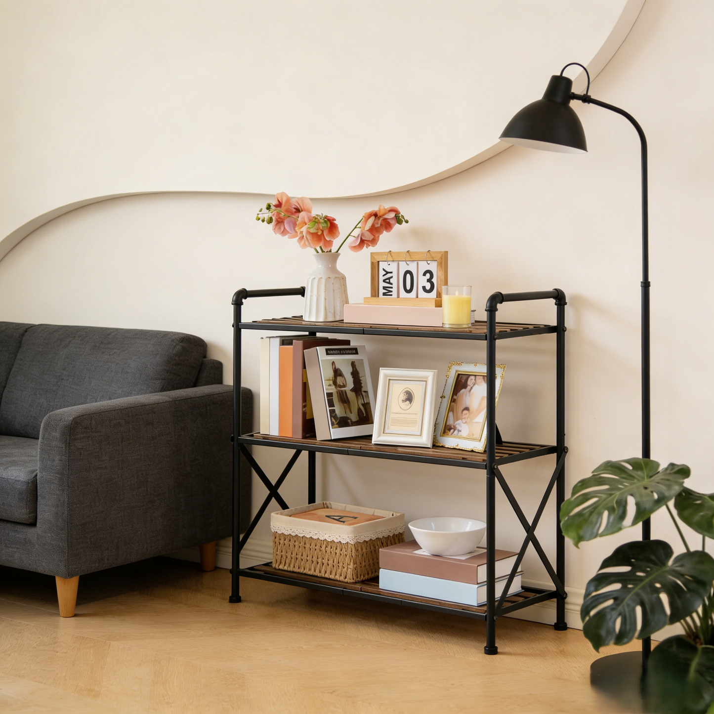 3-Tier Industrial Style Storage Shelf with Bamboo Shelves, Multifunctional Organizer for Home