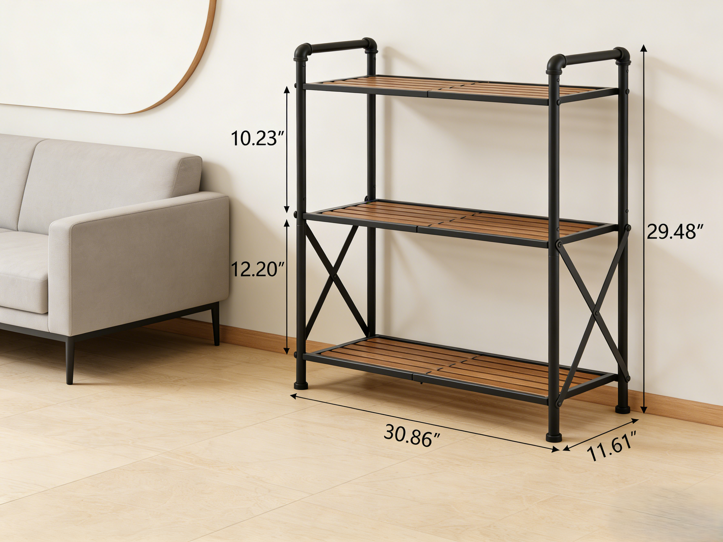 3-Tier Industrial Style Storage Shelf with Bamboo Shelves, Multifunctional Organizer for Home