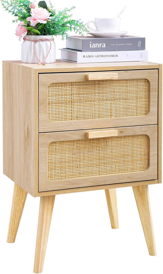 2-Drawer Rattan Accent Nightstand with Mid-Century Wooden Legs