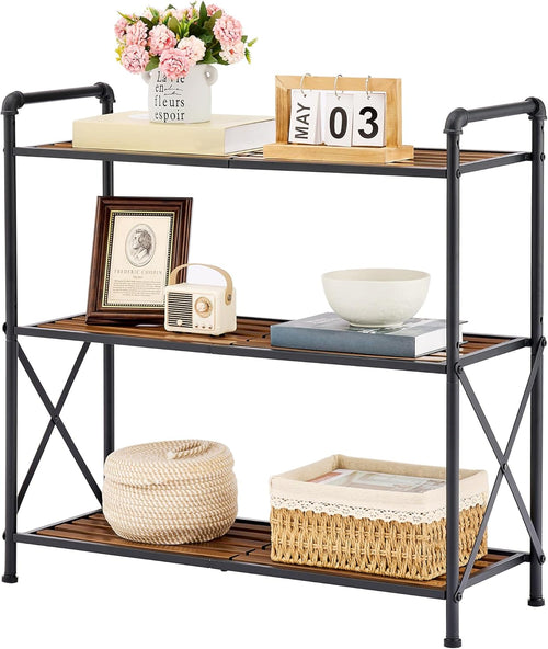 3-Tier Industrial Style Storage Shelf with Bamboo Shelves, Multifunctional Organizer for Home