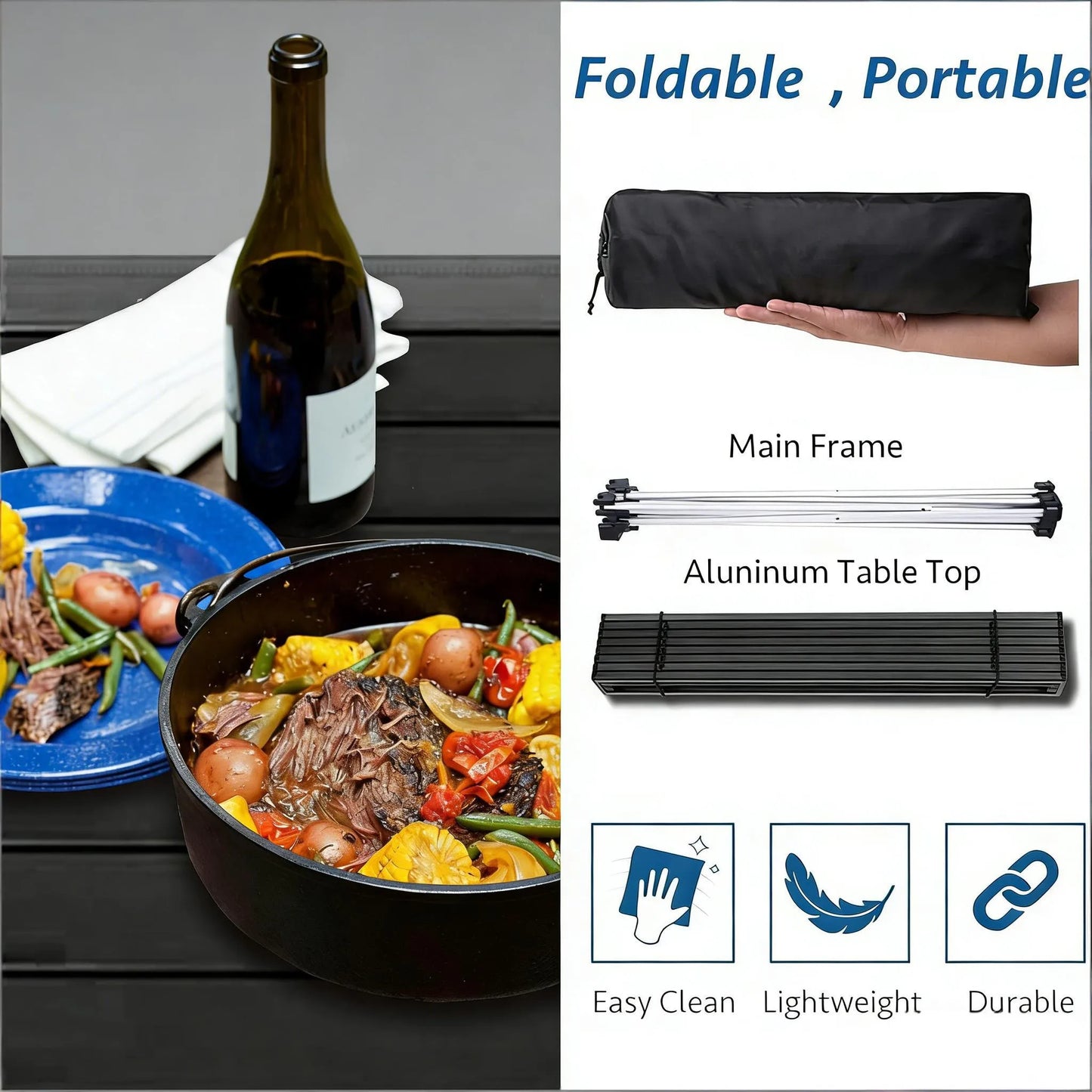 Folding Portable Camping Table, Aluminum Top for Outdoor, Picnic, Beach & Home Use